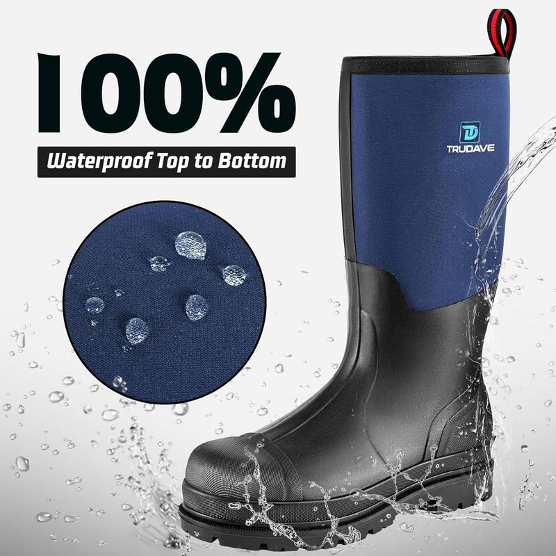 Trudave Store Rubber Work Boots with Steel Shank, Men's Waterproof Rain Boots Anti-slip, 5mm Neoprene Insulated Outdoor Hunting Boots, Durable All Season Knee Boots for Farming Construction Gardening Size 6-14 - Image 2